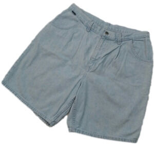 Chic Vintage Blue Light Wash Pleated Front High Rise Button Zip Jean Short